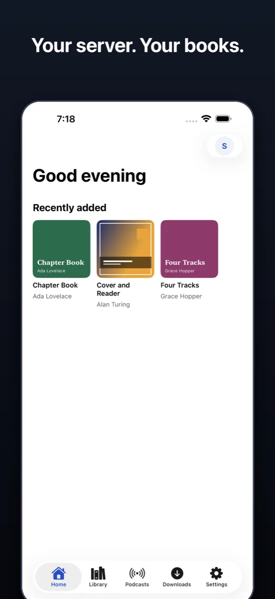 Bookster home screen with continue listening and library shelves
